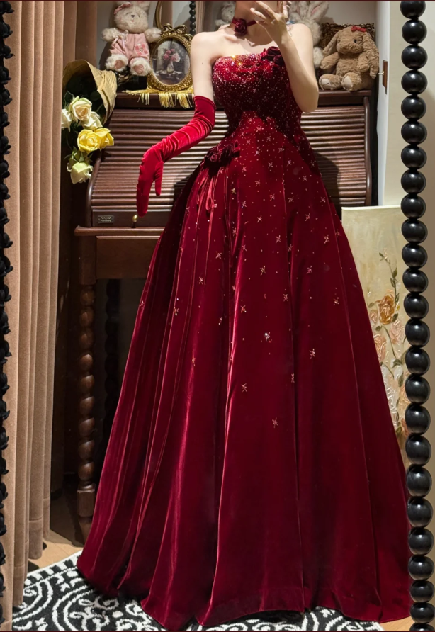 Pretty Burgundy Strapless Velvet Beaded Long Birthday Party Dress Evening Dress D2040