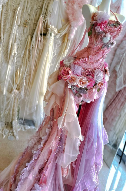 Fairy Halter Tulle Appliques Beaded Pink Mermaid Evening Dress Formal Long Party Dress Prom Gown