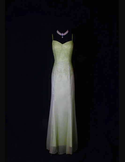 Classy Spaghetti Straps Satin Chiffon Beaded Mermaid Evening Dress Ombre Green Birthday Prom Dress D2261
