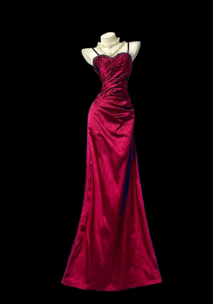 Elegant Spaghetti Straps Lavender Beaded Satin Pleated Mermaid Long Prom Dress Birthday Party Dress SP1752