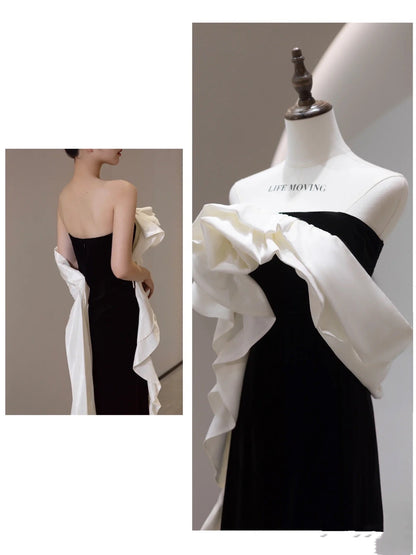 Sexy Sheath Strapless Black Satin Long Evening Gowns Prom Dresses