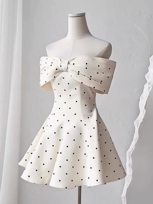Cute A line Off The Shoulder Black Polka Dots Short Satin Formal Homecoming Dresses Party Graduation Dress Hoco Dresses DH2772