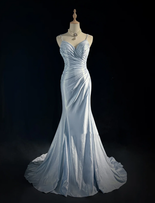 Elegant Spaghetti Straps Blue Satin Appliques Sequin Mermaid Long Wedding Guest Dress Evening Dress D1846
