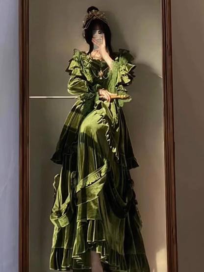 Chic Ball Gown Strapless Long Sleeves Floral Ruffles Green Prom Dresses Birthday Outfits