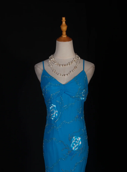 Pretty Blue Spaghetti Straps Embroidery Floral Chiffon Beaded Mermaid Long Prom Dress Party Gowns
