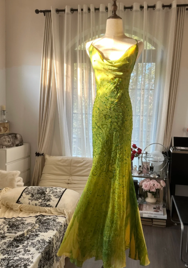 Chic Ombre Green Chiffon Beaded Mermaid Long Party Dress Formal Birthday Prom Dress D2299