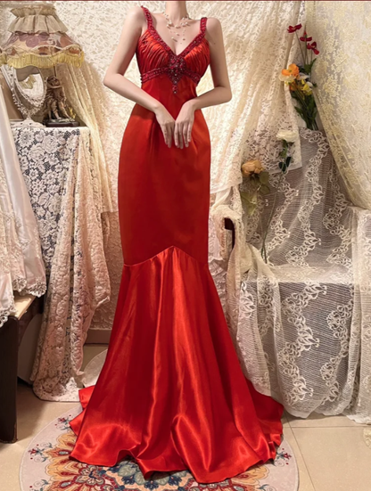 Charming Spaghetti Straps Red V Neck Satin Beaded Party Dress Long Wedding Guest Dress D2057