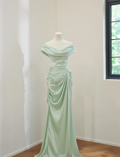 Classy Green Satin Mermaid Long Wedding Guest Dress Formal Bridesmaid Dress D2171