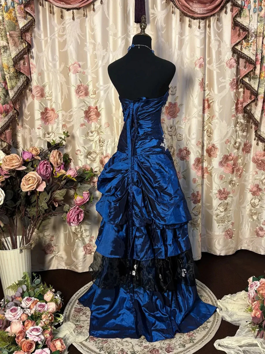 Retro Ball Gown Strapless Satin Navy Blue Long Party Dress Prom Dresses