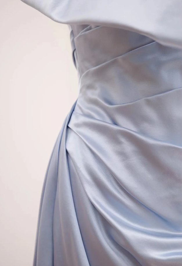 Elegant Bow Strapless Blue Satin Mermaid Long Birthday Party Dress Formal Wedding Guest Dress D2177