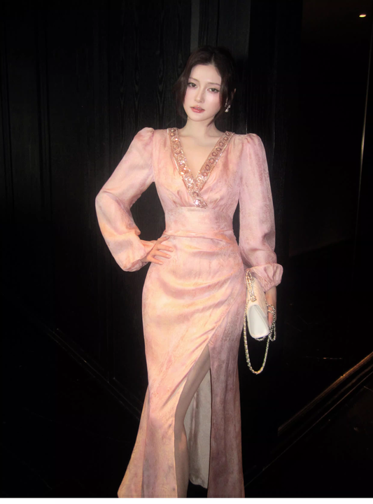 Glamorous V Neck Pink Satin Print Floral Beaded Mermaid Slit Evening Dress Long Birthday Prom Gown SP1542
