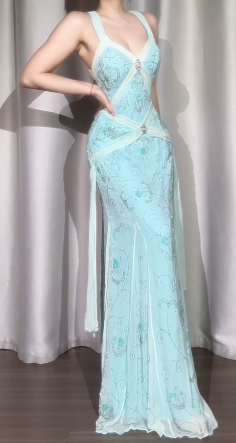 Elegant V Neck Blue Chiffon Beaded Mermaid Long Party Dress Prom Gowns