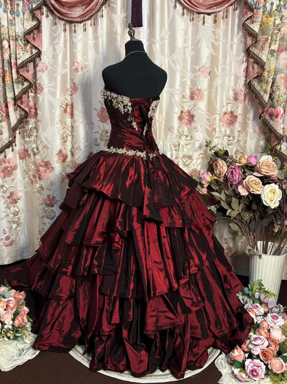 Vintage Strapless Ball Gown Burgundy Satin Layered Formal Quinceanera Dress Sweet 16 Dress With Appliques