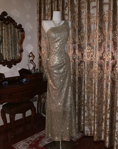 Sparkly Gold One Shoulder Sequin Mermaid Evening Dress Long Party Gown