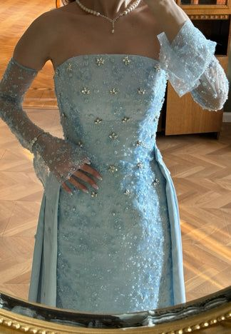 Elegant Blue Strapless Satin Beaded Long Party Dress Birthday Evening Gown
