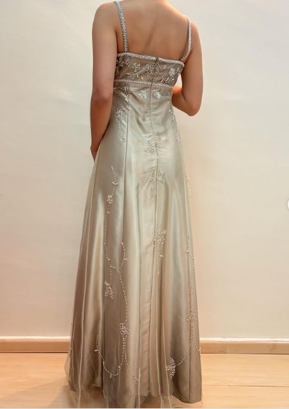 Fashion Spaghetti Straps Satin Tulle Beaded Prom Dress,A Line Party Evening Gown Y8139