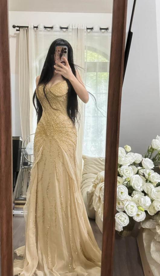 Pretty Spaghetti Straps Chiffon Beaded Ruffles Long Party Dress Yellow Mermaid Evening Dress D2308