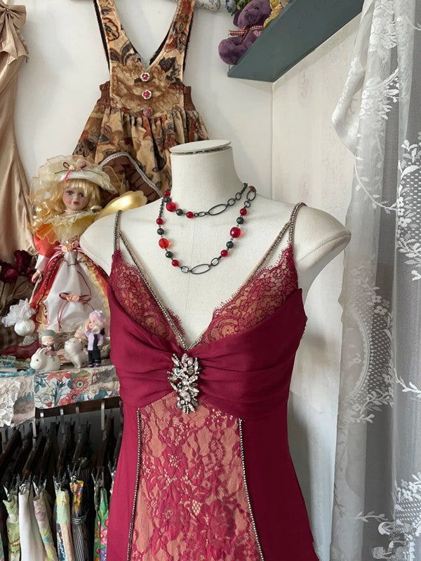 Retro Lace Burgundy Long Prom Dress Mermaid Evening Party Gown  cc3017