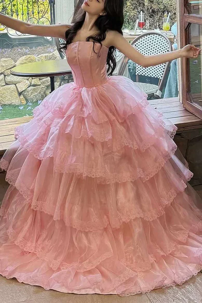 Sweet Pink Strapless Tulle Lace Layered Long Prom Gown Birthday Party Dress