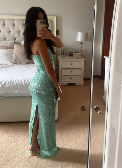Sparkly Strapless Green Sequin Mermaid Prom Dress Long Party Gown With Ribbon