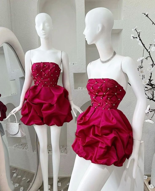 Burgundy Strapless Satin Beaded Cocktail Dress Short Party Dress S265