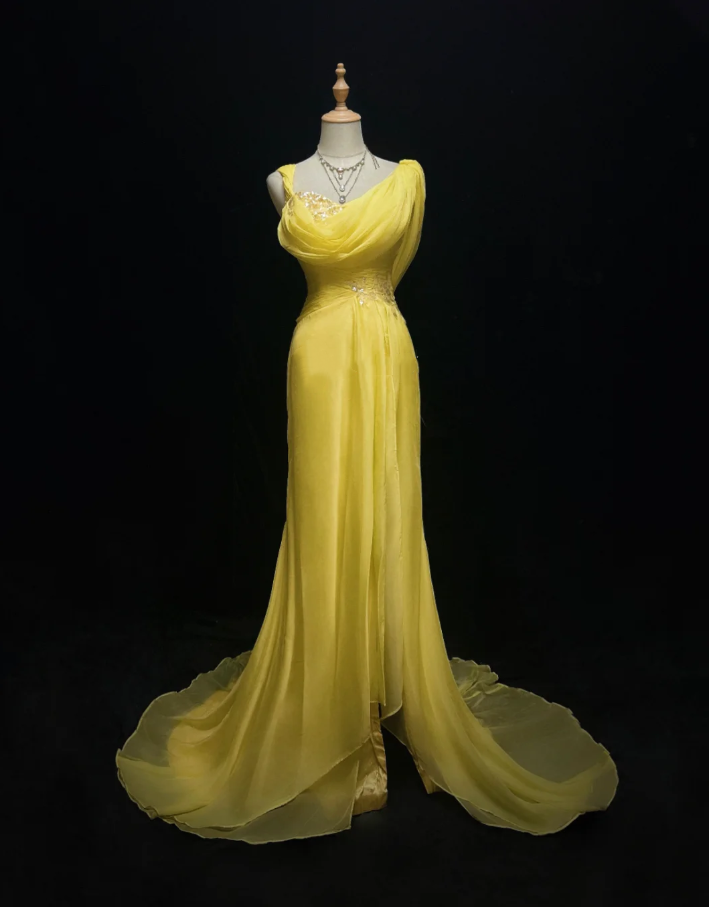 Glamorous Yellow Chiffon Sequin Mermaid Long Party Dress Prom Gown Formal Wedding Guest Dress