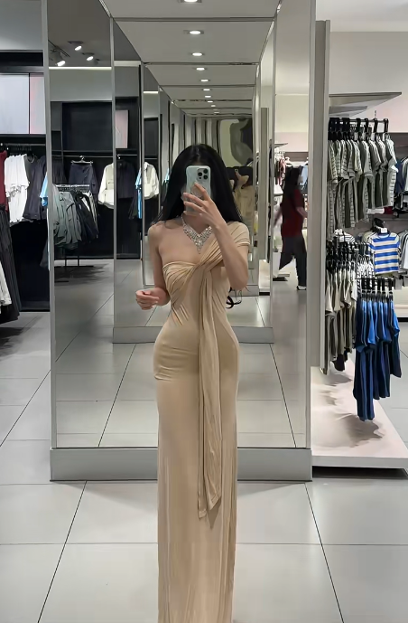 Light brown one-shoulder waist-cinching slim-fit bodycon sexy long prom dress R7913