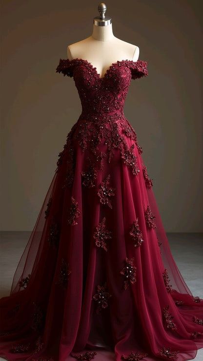 A Line Burgundy Tulle Lace Long Off Shoulder Prom Dress Evening Dresses   fg7658