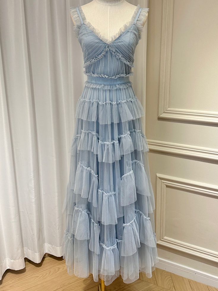 Sweet Light Blue Tulle Prom Dresses,Ruffles Pleated Baby Blue Evening Formal Gown        S2975
