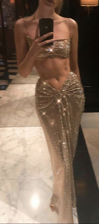 Sexy Two Piece Evening Dresses Spaghetti Straps Prom Gown     S6952