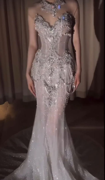 Pretty Mermaid Tulle Beads Long Prom Dresses Formal Evening Dress   fg7547