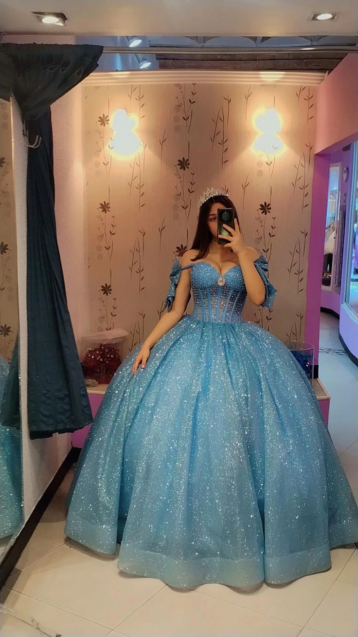 Sparkly Blue Quinceanera Dress Off Shoulder A Line Birthday Party Princess Ball Gown
