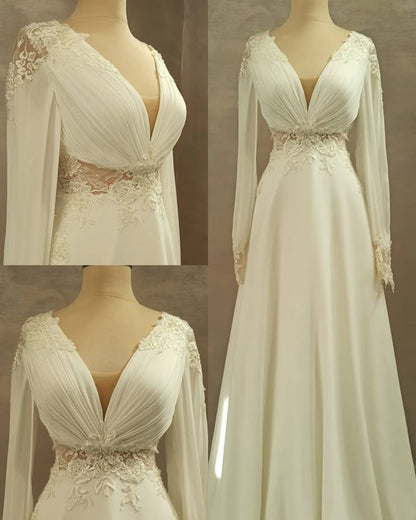A Line White V Neck Long Wedding Dresses Long Bridal Gown      S7156