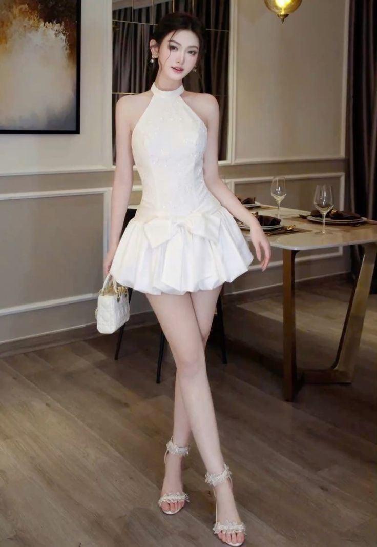 A Line White Halter Short Prom Dress Birthday Party Dress Homecoming Dress   fg8168
