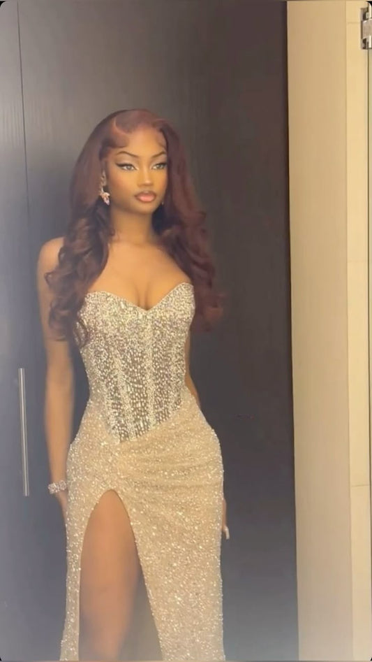 Strapless Champagne Prom Dress Evening Party Dresses With Slit  fg7650