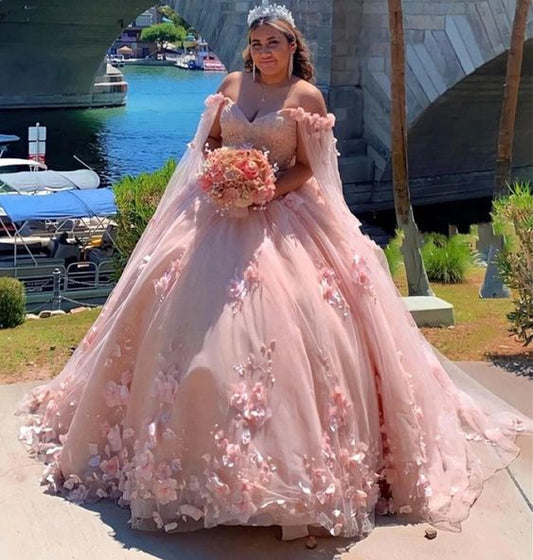 Sweetheart Handmade Flowers Tulle Quinceanera Dresses Ball Gown Sweet 16 Prom Gowns