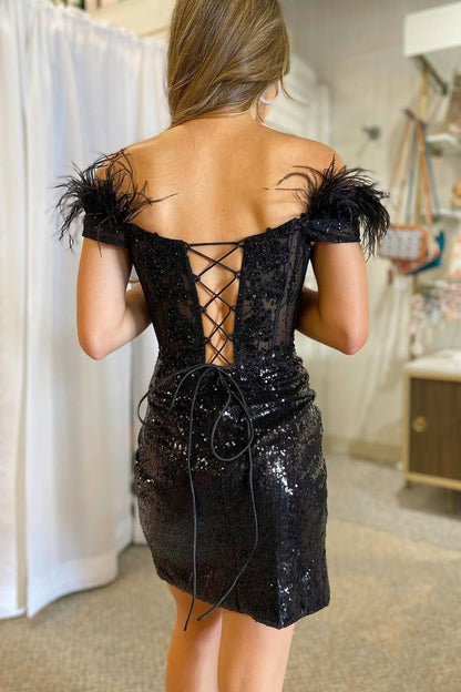 Black Sequin Off the Shoulder Lace Up Short Gown with Feathers