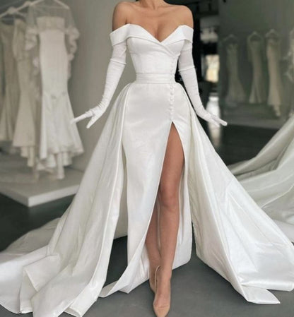 A-Line Evening Gown Elegant Dress Formal Court Train Long Sleeve Off Shoulder Satin with Buttons Pleats Slit dress     S7018