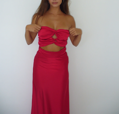 Pretty Red Strapless Sheath Satin Long Party Dress Birthday Outfits MD7608