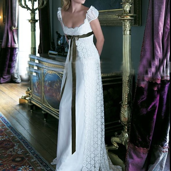Retro White A-Line Lace Satin Long Formal Party Dress Wedding Dress Bridal Dress, D920