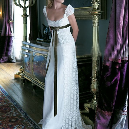 Retro White A-Line Lace Satin Long Formal Party Dress Wedding Dress Bridal Dress, D920