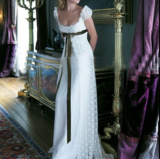 Retro White A-Line Lace Satin Long Formal Party Dress Wedding Dress Bridal Dress, D920