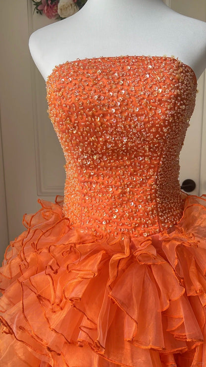 Pretty Homecoming Dress Strapless Tulle Cascade Beaded Back to School Outfits Party Dress  D6457