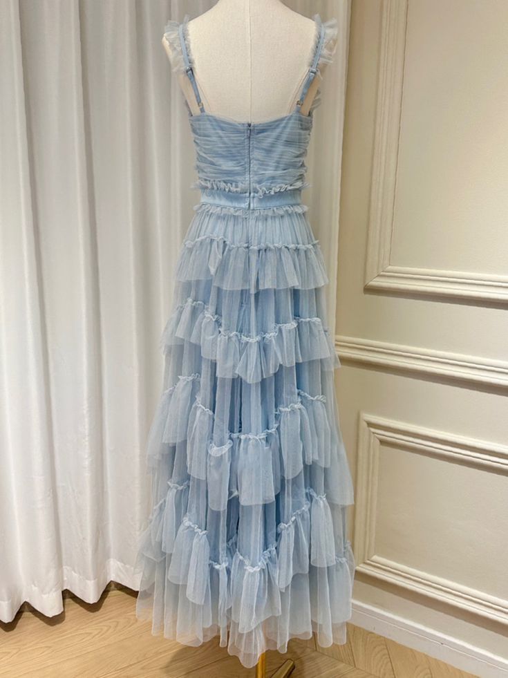 Sweet Light Blue Tulle Prom Dresses,Ruffles Pleated Baby Blue Evening Formal Gown        S2975