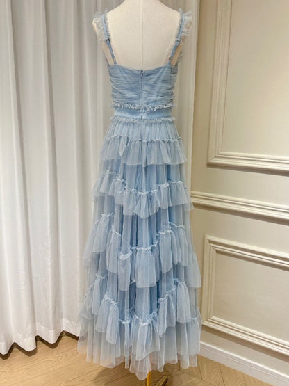 Sweet Light Blue Tulle Prom Dresses,Ruffles Pleated Baby Blue Evening Formal Gown        S2975