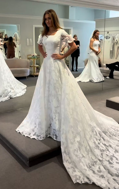 A Line White Square Neck Long Princess Wedding Dress    fg8131