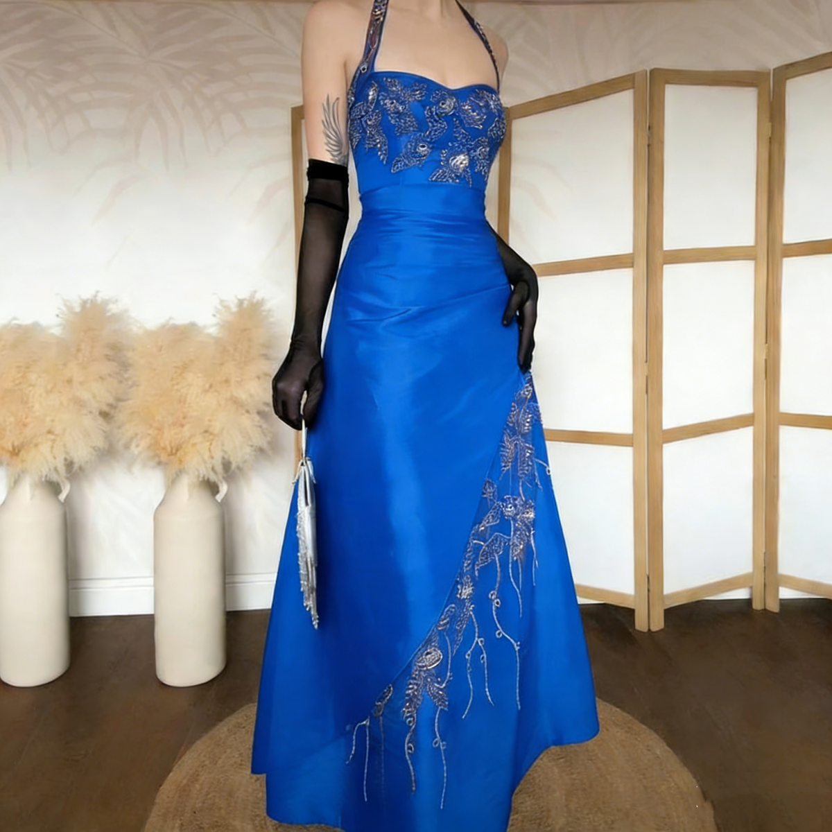 Vintage Halter Brown Satin Beaded Mermaid Evening Dress Long Party Dress Prom Gown With Gloves