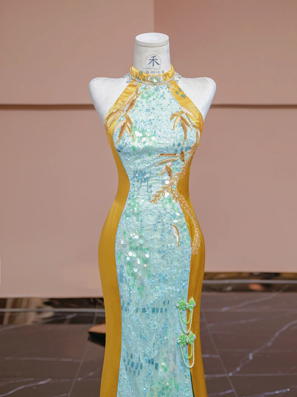 Light blue and yellow spliced cheongsam sexy long ball gown R8335