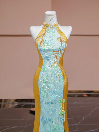 Light blue and yellow spliced cheongsam sexy long ball gown R8335