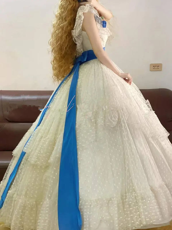 White Polka-Dot Ruffled Neckline Waist-Cinched Puffball Skirt Ball Gown, Bridal Gown R7338